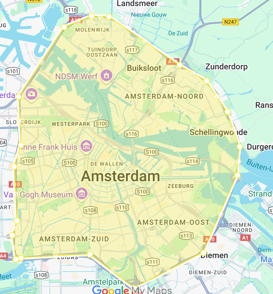 Map showing Val's Foods delivery areas in Amsterdam for hand-delivered protein smoothies.