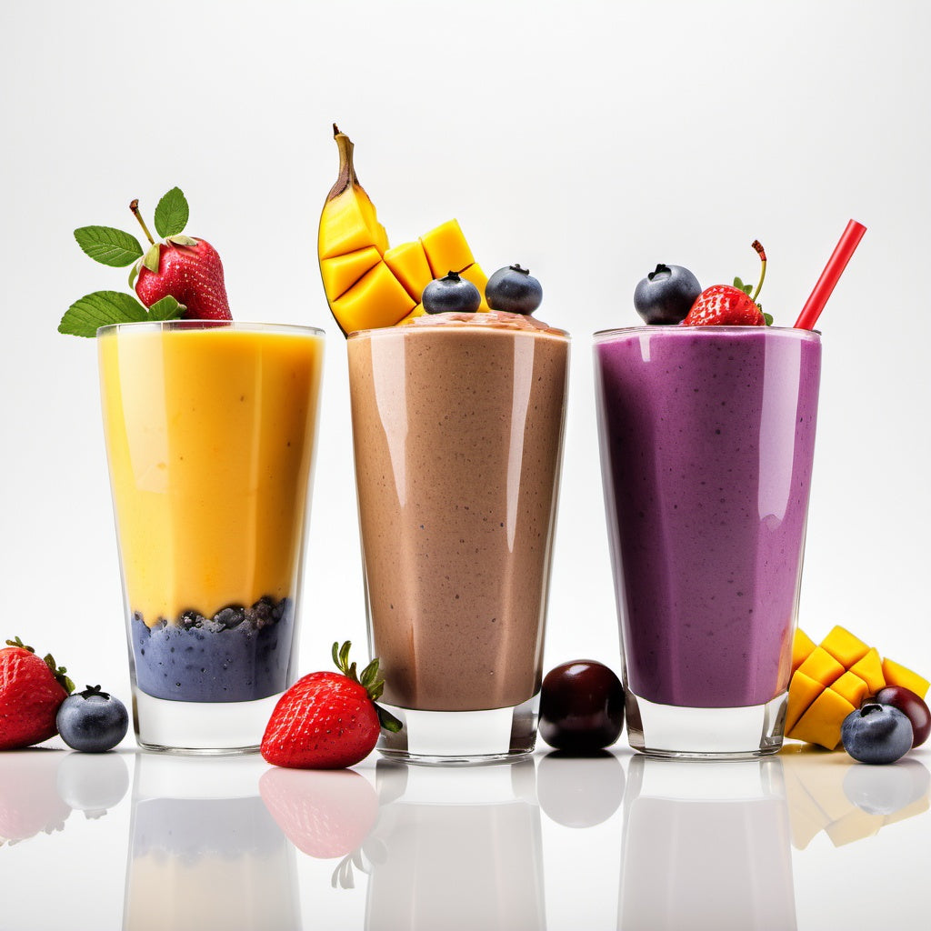 Starter Bag featuring three ready-to-blend protein smoothies: Tropical Harmony, Strawberry Balance, and Decadent Delight, made with real fruit and high-protein ingredients