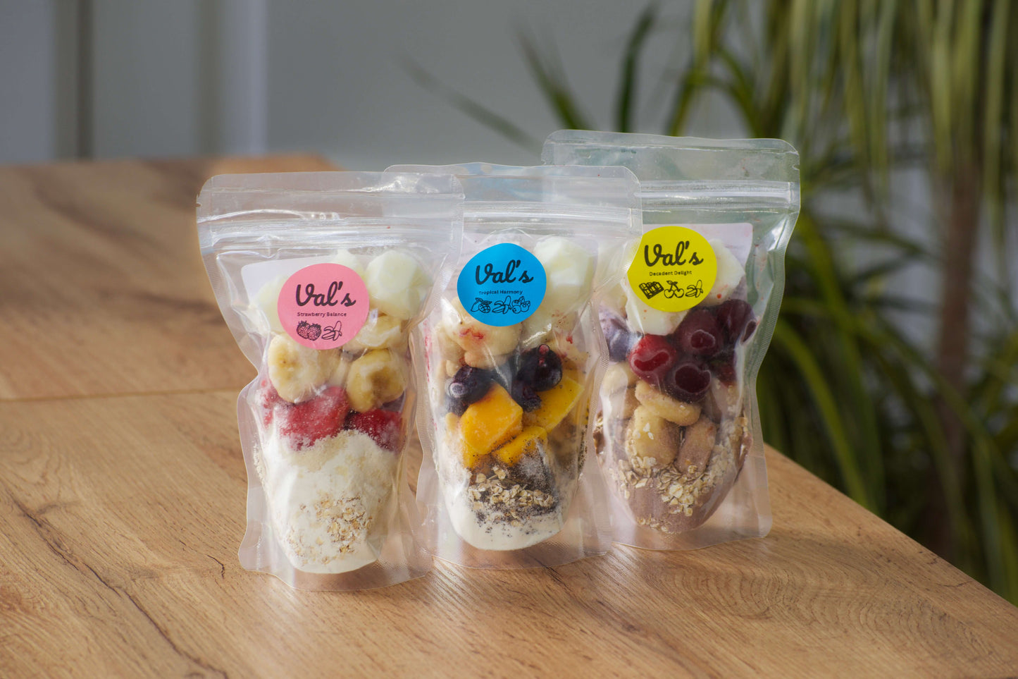 Starter Bag in there smoothie packs featuring three ready-to-blend protein smoothies: Tropical Harmony, Strawberry Balance, and Decadent Delight, made with real fruit and high-protein ingredients