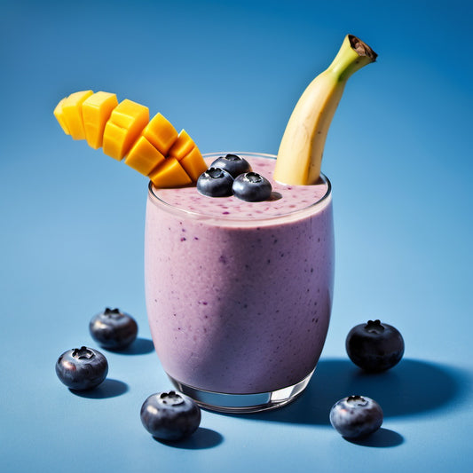Tropische Harmony eiwit smoothie met mango, banaan en bosbes